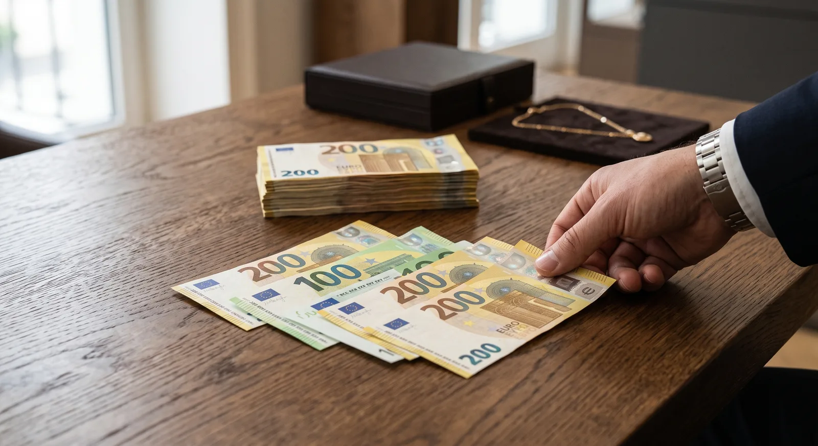 Eine Hand reicht 200-Euro-Scheine über einen Holztisch, dahinter ein Bündel Banknoten und eine geöffnete Schmuckschatulle