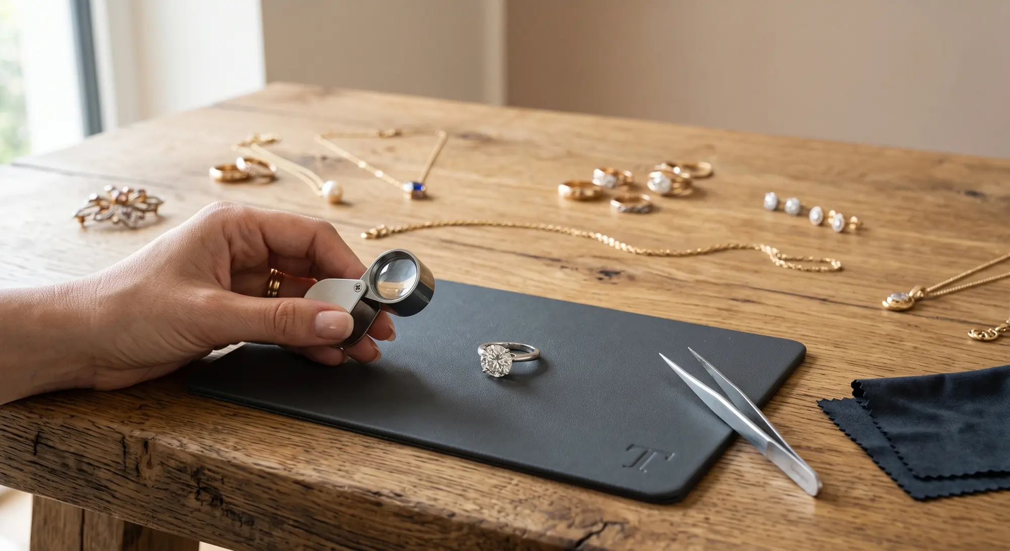 Diamantring auf der Bewertungsauflage, daneben eine Lupe und Goldschmuck auf einem Eichentisch
