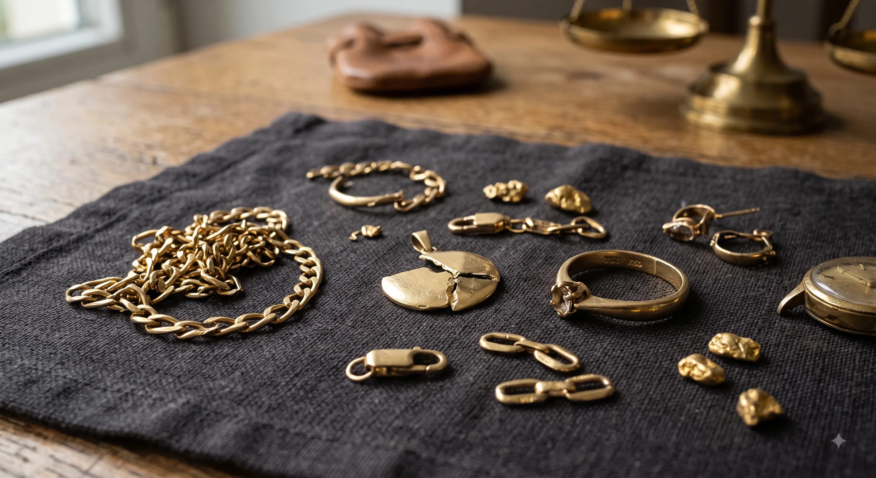 Goldschmuck und eine Feinwaage auf einem Leinentuch, bereit zur Bewertung